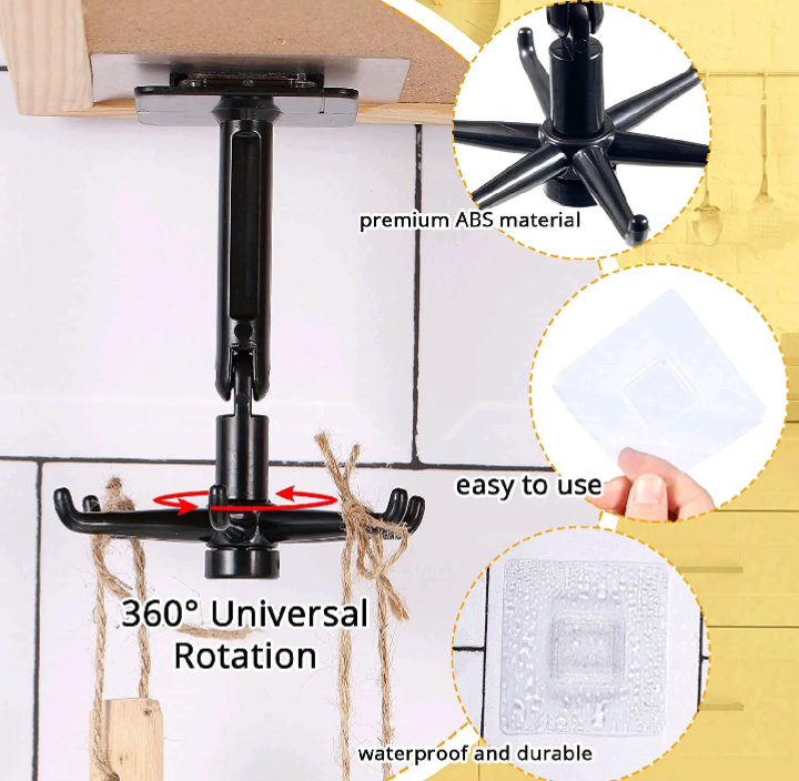 360° Rotating Wall Mounted Kitchen Utensil Holder – Heavy Duty Self-Adhesive Multi Hook Organizer Rack