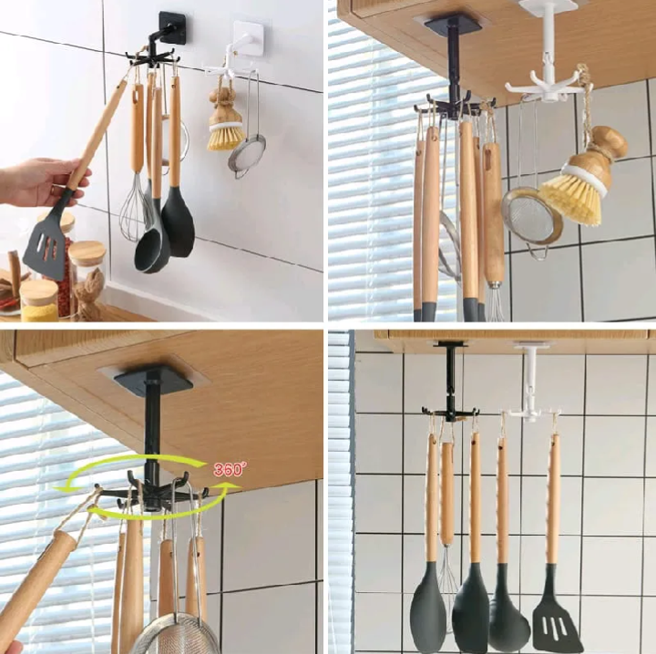 360° Rotating Wall Mounted Kitchen Utensil Holder – Heavy Duty Self-Adhesive Multi Hook Organizer Rack