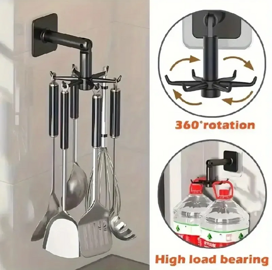 360° Rotating Wall Mounted Kitchen Utensil Holder – Heavy Duty Self-Adhesive Multi Hook Organizer Rack