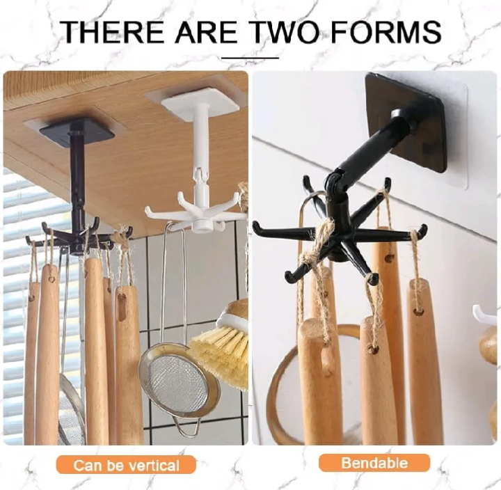 360° Rotating Wall Mounted Kitchen Utensil Holder – Heavy Duty Self-Adhesive Multi Hook Organizer Rack