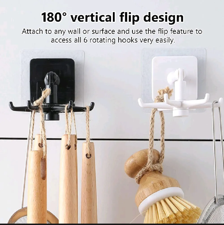 360° Rotating Wall Mounted Kitchen Utensil Holder – Heavy Duty Self-Adhesive Multi Hook Organizer Rack